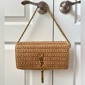 Designer Inspired Y S L Woven Raffia Shoulder Bag with Gold Tassel